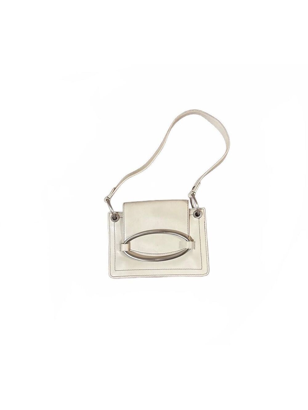 Y2K 90s Vintage DKNY Off White Leather Shoulder Bag Y2K Silver Oval Flap Purse